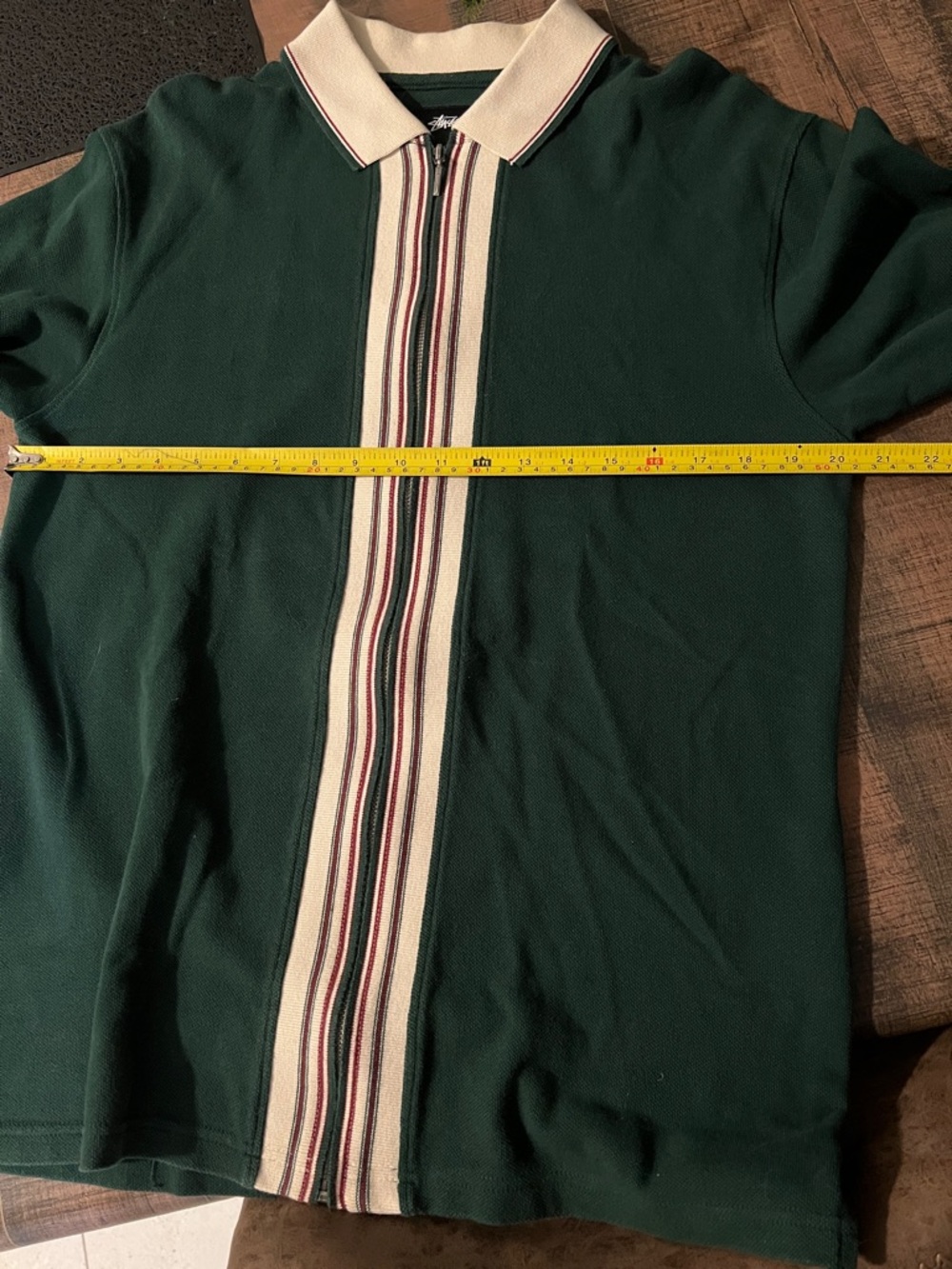 Stussy Men's Forest Green Zip Polo Sweater with Cream Stripe - Picture 5 of 6